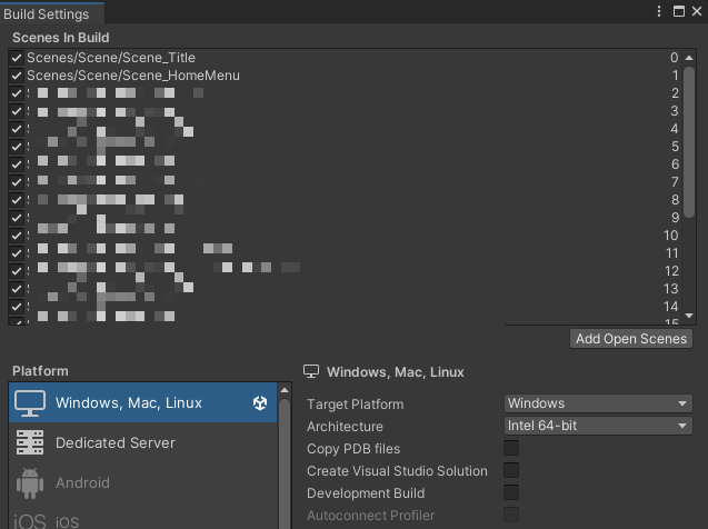 Build Settingsにシーンファイルを追加する画面