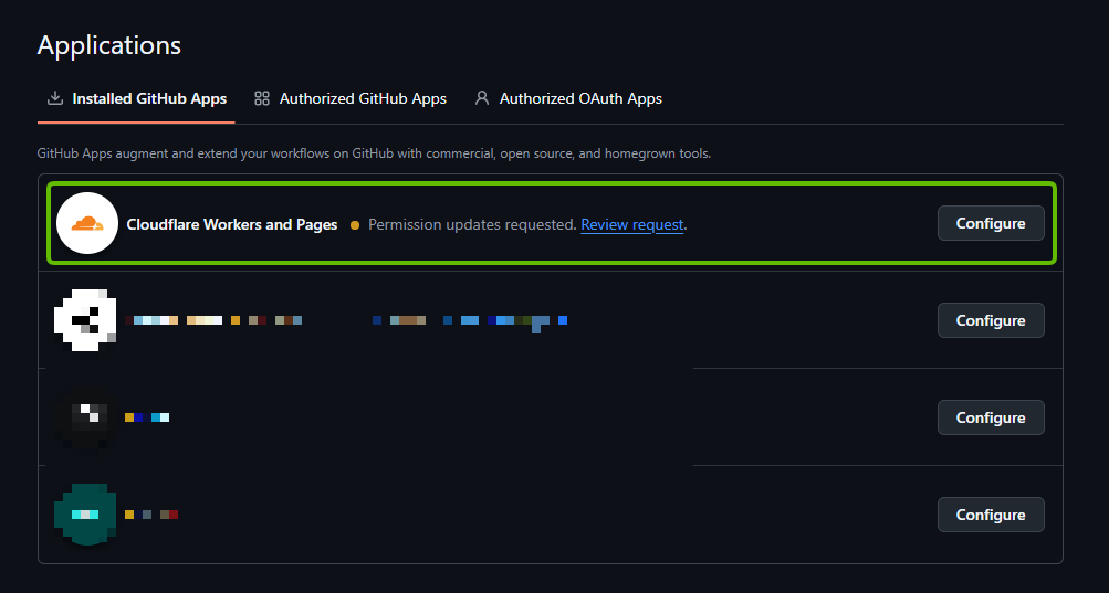 Installed GitHub Apps内のCloudflare Pages
